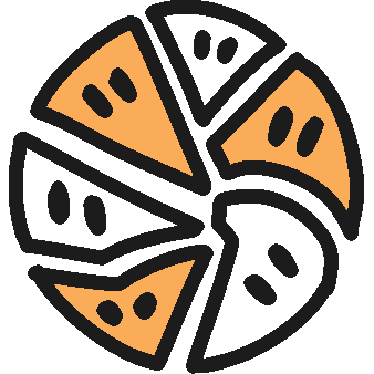 a circle cracked into pieces, each with a face, in the colors of the white orange and black system flag.